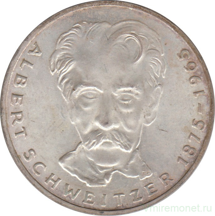 Монета. ФРГ. 5 марок 1975 год. 100 лет со дня рождения Альберта Швейцера.