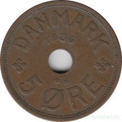 Монета. Дания. 5 эре 1936 год.