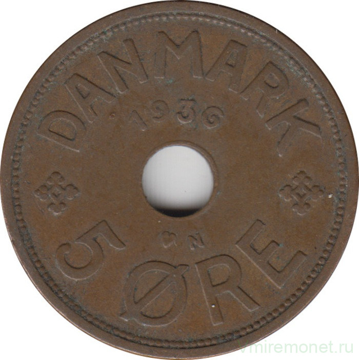 Монета. Дания. 5 эре 1936 год.