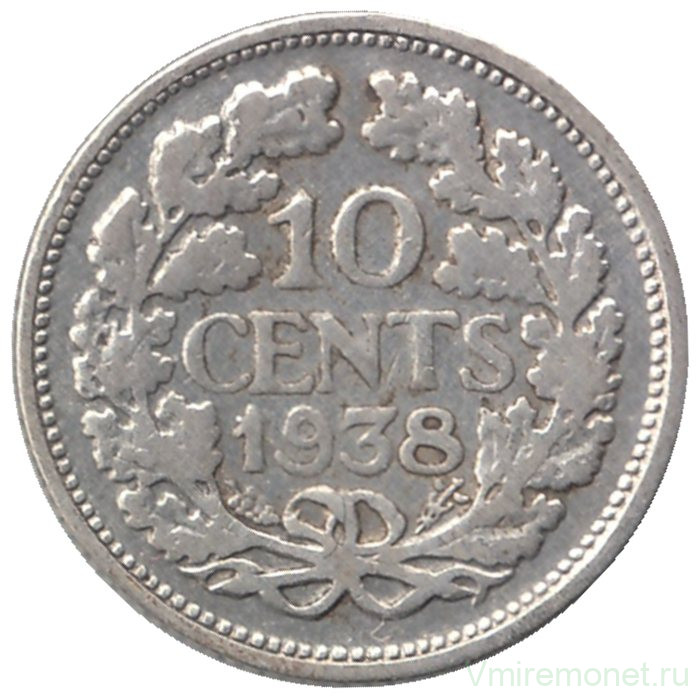 Монета. Нидерланды. 10 центов 1938 год.