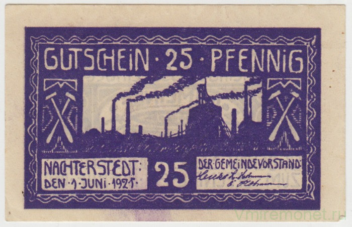 Бона. Нотгельд. Германия. Город Нахтерштедт. 25 пфеннигов 1921 год. Вариант 922.1.3.