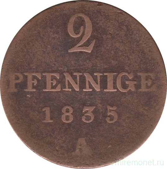 Монета. Ганновер (Германский союз). 2 пфеннига 1835 год.