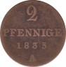 Монета. Ганновер (Германский союз). 2 пфеннига 1835 год. ав.