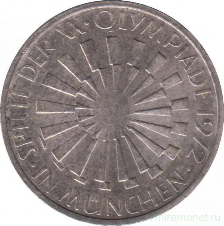Монета. ФРГ. 10 марок 1972 год. XX летние Олимпийские Игры, Мюнхен 1972 - эмблема. (F).