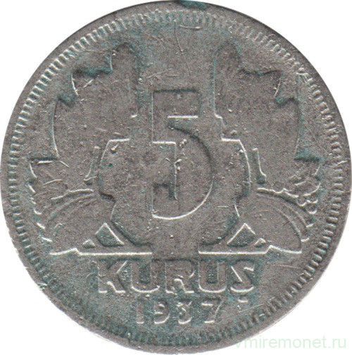 Монета. Турция. 5 курушей 1937 год.