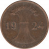 Монета. Германия. Веймарская республика. 1 рентенпфенниг 1924 год. Монетный двор - Карлсруэ (G). ав.
