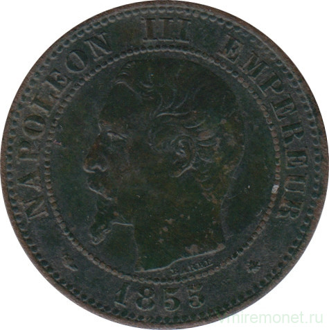 Монета. Франция. 2 сантима 1855 год. BB. "голова собаки".