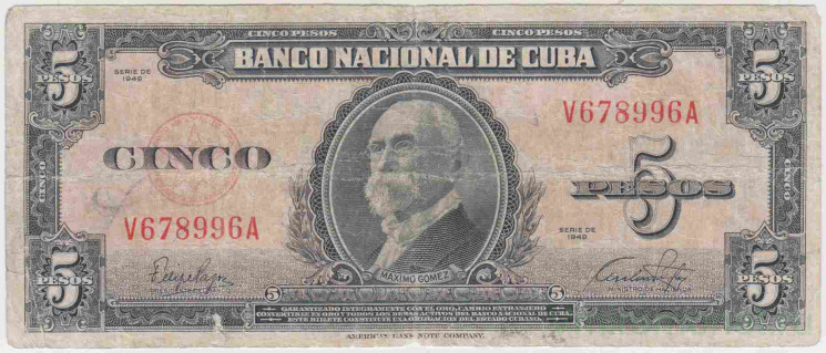 Банкнота. Куба. 5 песо 1949 год. Тип 78а.