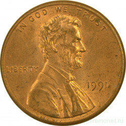 Монета. США. 1 цент 1991 год.