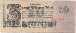 Банкнота. Германия. Веймарская республика. 20 миллионов марок 1923 год. Серийный номер - две цифры, буква, шесть цифр (красные,мелкие). Тип 97b(1).