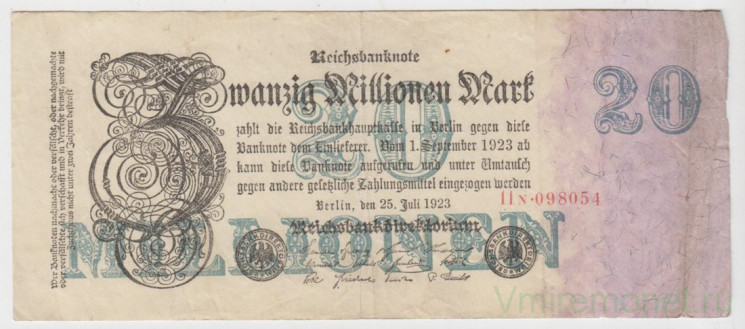 Банкнота. Германия. Веймарская республика. 20 миллионов марок 1923 год. Серийный номер - две цифры, буква, шесть цифр (красные,мелкие).