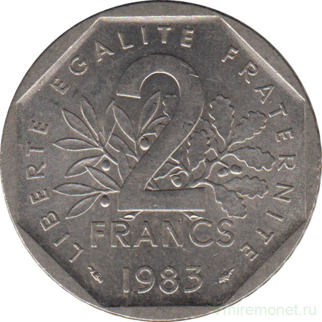 Монета. Франция. 2 франка 1983 год.