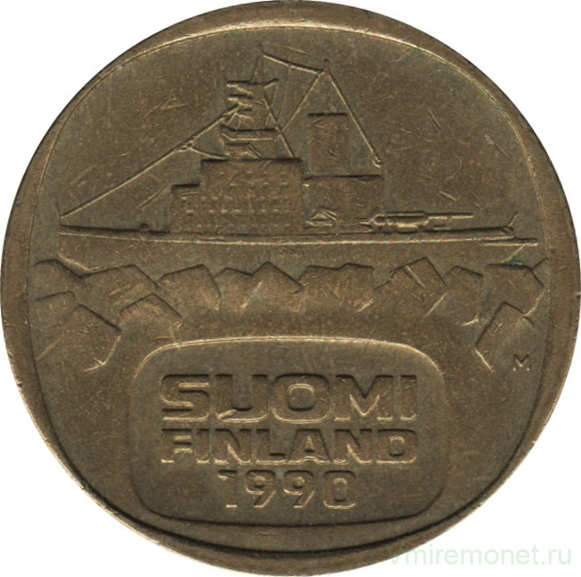 Монета. Финляндия. 5 марок 1990 год. Ледокол Урхо.