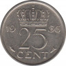 Монета. Нидерланды. 25 центов 1956 год. ав.