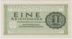 Банкнота. Германия. Третий рейх. Немецкий Вермахт. Клиринговая банкнота. 1 рейхсмарка 1944 год. Тип М38.