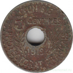 Монета. Тунис. 5 сантимов 1919 год.