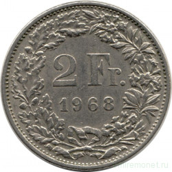 Монета. Швейцария. 2 франка 1968 год. Без букв.