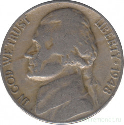 Монета. США. 5 центов 1948 год.  Монетный двор D.