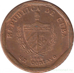 Монета. Куба. 1 сентаво 2000 год (конвертируемый песо). Сталь с медным покрытием.