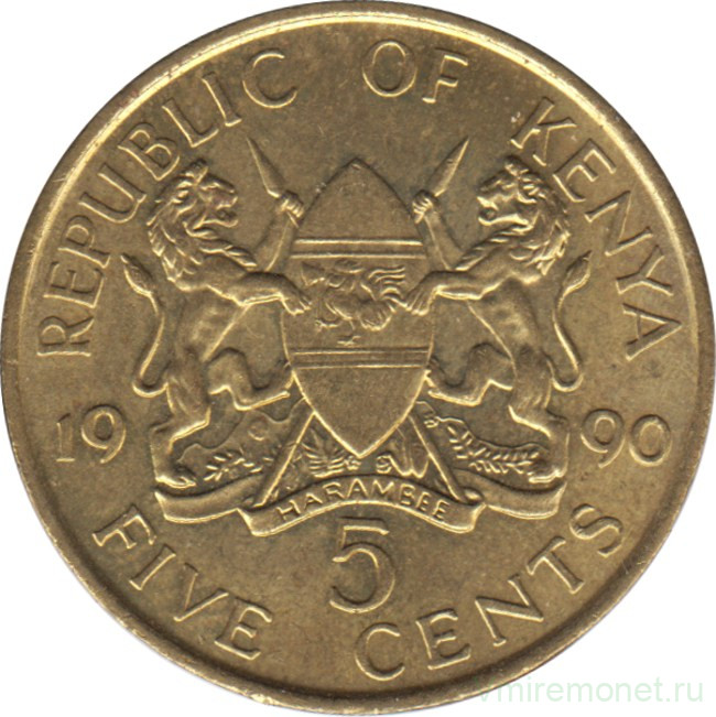 Монета. Кения. 5 центов 1990 год.