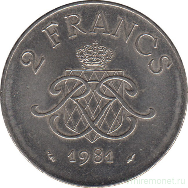 Монета. Монако. 2 франка 1981 год.