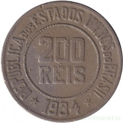 Монета. Бразилия. 200 рейсов 1934 год.