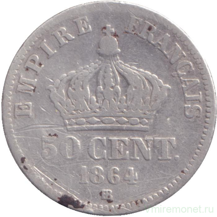 Монета. Франция. 50 сантимов 1864 год. BB.