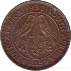 Монета. Южно-Африканская республика (ЮАР). 1/4 пенни 1952 год.