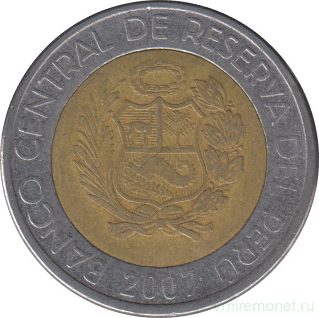 Монета. Перу. 5 солей 2007 год.