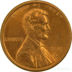 Монета. США. 1 цент 1991 год. Монетный двор D.