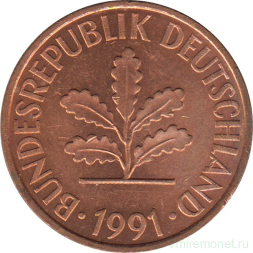 Монета. ФРГ. 2 пфеннига 1991 год. Монетный двор - Штутгарт (F).