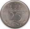Монета. Нидерланды. 25 центов 1957 год. ав.