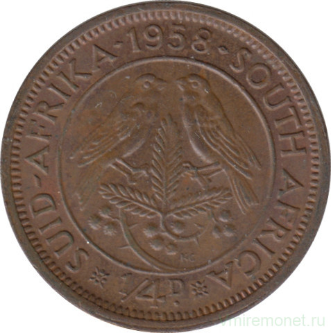 Монета. Южно-Африканская республика (ЮАР). 1/4 пенни 1958 год.
