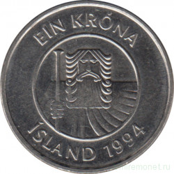 Монета. Исландия. 1 крона 1994 год.