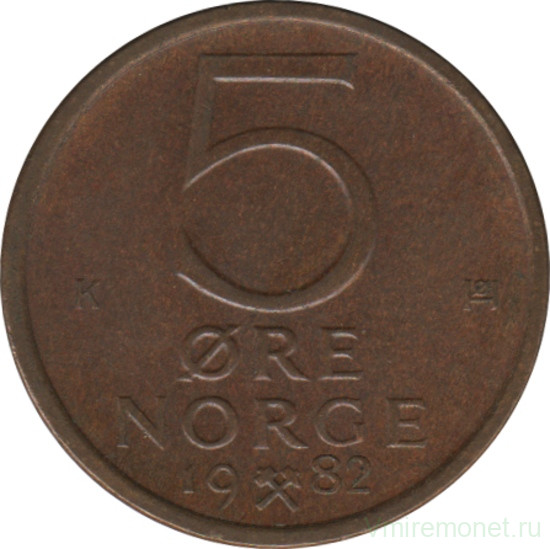 Монета. Норвегия. 5 эре 1982 год.