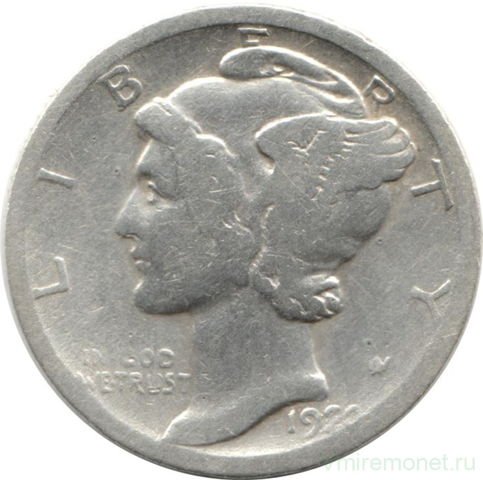 Монета. США. 10 центов 1920 год. Монетный двор D.