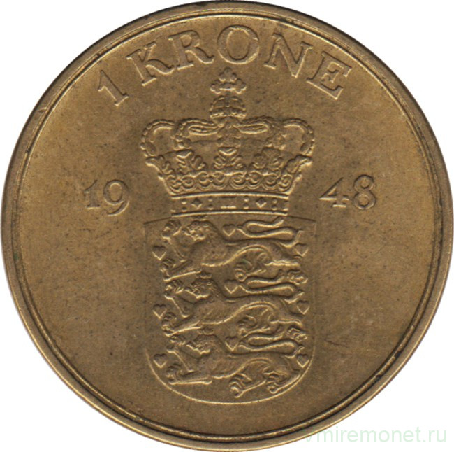 Монета. Дания. 1 крона 1948 год.