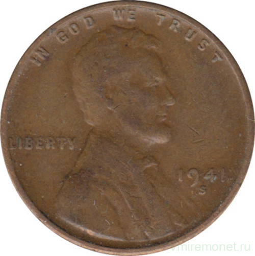 Монета. США. 1 цент 1941 год. Монетный двор S.