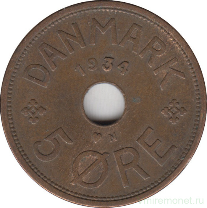 Монета. Дания. 5 эре 1934 год.