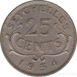 Монета. Сейшельские острова. 25 центов 1954 год.