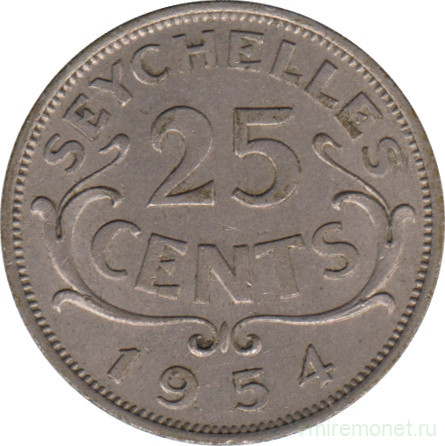 Монета. Сейшельские острова. 25 центов 1954 год.
