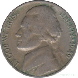 Монета. США. 5 центов 1949 год.  Монетный двор D.