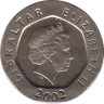 Монета. Гибралтар. 20 пенсов 2002 год. ав.