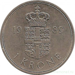 Монета. Дания. 1 крона 1989 год.