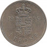 Аверс. Монета. Дания. 1 крона 1989 год.