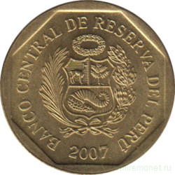 Монета. Перу. 5 сентимо 2007 год. Латунь.