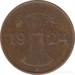 Монета. Германия. Веймарская республика. 1 рейхспфенниг 1924 год. Монетный двор - Берлин (А).