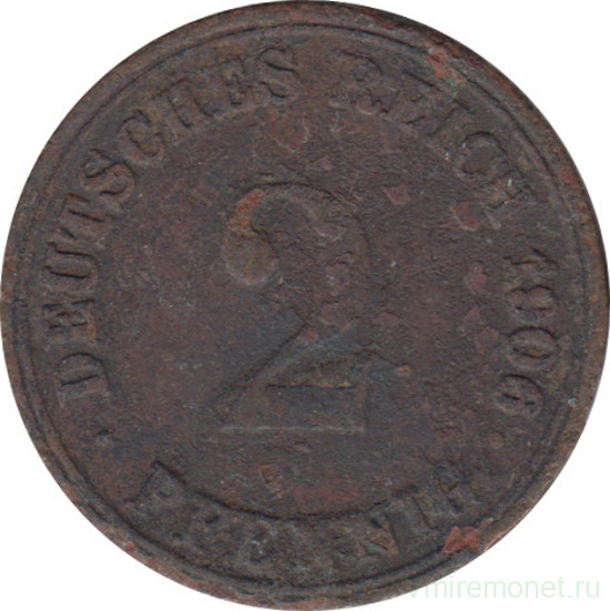 Монета. Германия (Германская империя 1871-1922). 2 пфеннига 1906 год. (A).