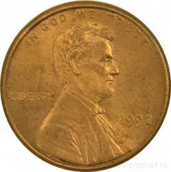 Монета. США. 1 цент 1992 год.