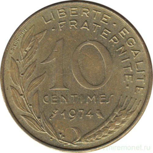Монета. Франция. 10 сантимов 1974 год.